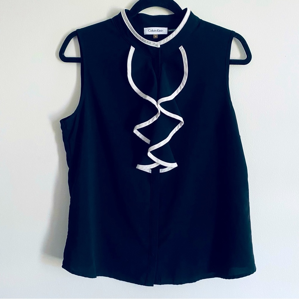 Calvin Klein Women's Black & White Short Sleeve Button Up Blouse Top Size M